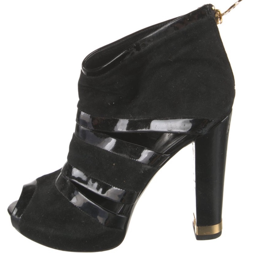 Tory Burch Black Suede & Patent Peep-Toe High Heel Bootie